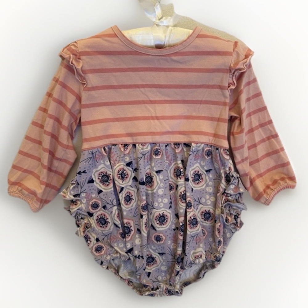 RuffleButts Romper Long Sleeve Pink‎ Purple Floral Ruffles Toddler Girl Size 2T